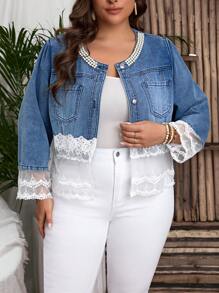 EMERY ROSE Plus Size Women Contrast Lace Long Sleeve Single-Breasted Casual Denim Jacket - Light Wash - View 1