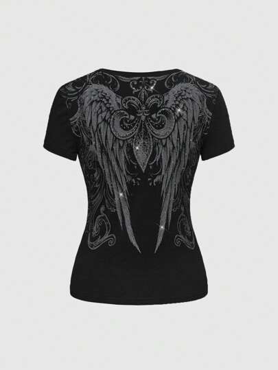 Grunge Punk Women Y2K Grunge Style Wing & Cross Rhinestone Embellished T-Shirt