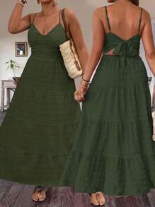 Breezaya Plus Tie Backless Ruffle Hem Cami Dress For Summer Maxi Women Outfit - Army Green - View 1