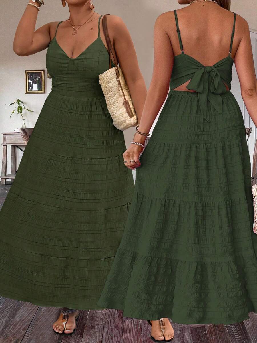 Breezaya Plus Tie Backless Ruffle Hem Cami Dress For Summer Maxi Women Outfit - Army Green - View 1