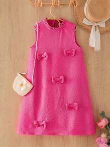 SHEIN Tween-Mädchen Lässig Elegant 3D Schleife Dekor Rüschen Saum ärmelloses figurbetontes A-Linien Strukturiertes Smock Kleid - Heißes Pink - Übersicht 2