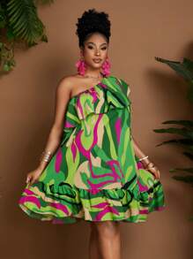 Maweii 大码女式印花荷叶边不对称吊带无袖 A 字形连衣裙