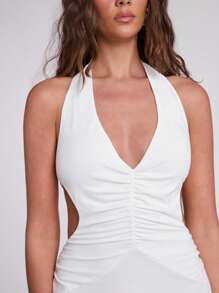 SHEIN BAE Casual White Solid Color Knit Backless Tie-Up Bodycon Mini Dress, Suitable For Single Party, Hangout With Friends, Afternoon Tea, Graduation Party, Beach Vacation, Holiday Party, And Other Sweet Occasions - White - View 8
