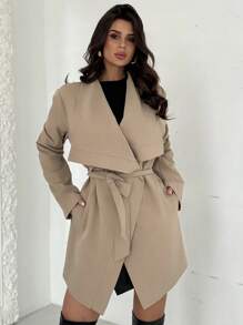 SHEIN Privé Women's Elegant Fashion Spring/Summer New Arrivals Lapel Collar Asymmetrical Hem Trench Coat,Popular Thin Trench Coats, Asymmetrical Hem Trench Coats, Lightweight Trench Coats, Teacher Jackets, Work Jackets, Suitable For Spring Outings,Spring Break - Camel - View 3