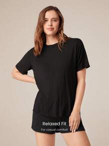 GLOWMODE 2 Pieces  Modal Relaxed Fit Tee & 2.5'' CloudKnit Adjustable Drawstring Waist Shorts With Side Pockets Set Daily Casual Spring Summer - Black - View 3