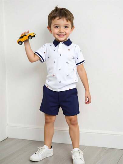 Souflis Souflis Conjunto De Camisa Estampada De Cuello Y Pantalones Cortos De Color Sólido De Estilo Universidad Casual Para Niño Pequeño