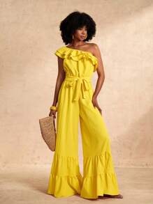 Slaydiva Bộ đồ liền quần dài siêu dài mới cho kỳ nghỉ xuân hè Một bên vai chéo Vai hai lớp nhún bèo Cổ áo cạp rộng Quần dài siêu dài Nhiều lớp viền nối Dải sóng màu vàng Vải dệt Bộ đồ liền quần nữ-B - Màu vàng - Xem 3