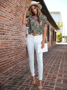 SHEIN LUNE 女士佩斯利印花宽松休闲度假纽扣衬衫，夏季 - 彩色 - 查看 5