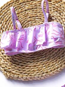 Newborn Baby Girl Cherry Bow Print Ruffle Trim Split Swimsuits With Headband - Pink - View 4
