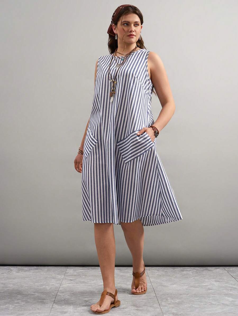 SHEIN LUNE Plus Size Summer Casual Striped Sleeveless Dress - Blue and White - View 1