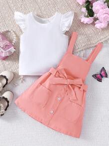 SHEIN Conjunto de 2 piezas para niña con blusa de manga con volantes y vestido tipo jumper con textura, para primavera/verano