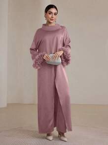 Graceveil 女士纯色喇叭袖网眼拼布上衣和裤子阿拉伯风格套装朴素 - 粉色 - 查看 5