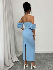 Rafferiza 女士无袖优雅露肩连衣裙婚礼情人节约会婚礼毕业生日春季抹胸连衣裙蓝色可爱性感针织高弹紧身褶皱中背开衩2025夏季新款长裙 - 藍色 - 查看 2