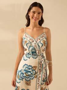 CAJUNI Women's Boho Tropical Apricot & Blue Floral Print Strappy Wrap Front Casual Summer Mini Dress - Multicolor - View 3
