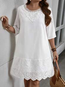 SHEIN LUNE Plus Size Women's Bamboo Fiber Fabric Splice Ruffle Hem Lining A-Line Dress, Summer - White - View 3