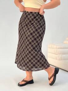 Solflare Plus Size Women's Plaid Mesh A-Line Long Skirt, High Waisted Fashion