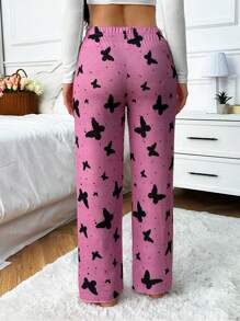 RueChic Women Viscose High Quality All Over Contrast Colour Butterfly With Ribbon Detail Homewear Lounge Bottom - Pink - View 2