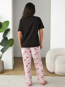 RueChic Women Cotton Plus Size 2 Pcs Contrast Colour Bow Detail Short Sleeve Shirt And Striped&Bow Pattern Detail Sleep Bottom PJ Set - Black - View 5