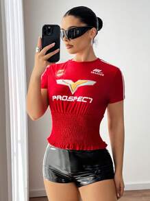 SHEIN ICON Maglietta vintage in stile americano, con arricciatura, oversize e casual