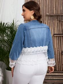 EMERY ROSE Plus Size Women Contrast Lace Long Sleeve Single-Breasted Casual Denim Jacket - Light Wash - View 2