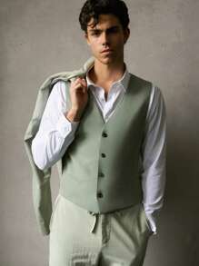 Manfinity VCAY 2pcs Men Slim Fit Notched Collar Fashion Casual Suit Set, Suitable For Daily Office - Green - View 10