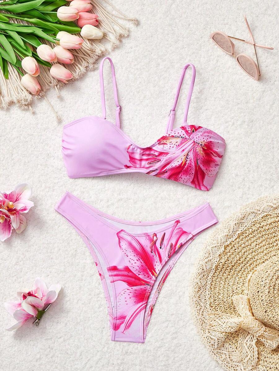 SHEIN MOD Pink Peach Blossom Print Bikini Set, Summer Women Bikini Sets,Beach Vacation