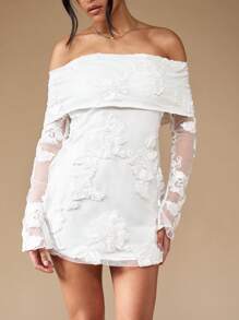 MISSGUIDED 刺绣缀饰翻盖露肩露肩长袖迷你连衣裙 - 白色 - 查看 8