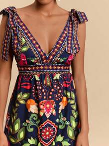 Travachic Robe mini à encolure en V avec épaules dénudées imprimée, tissée pour femmes