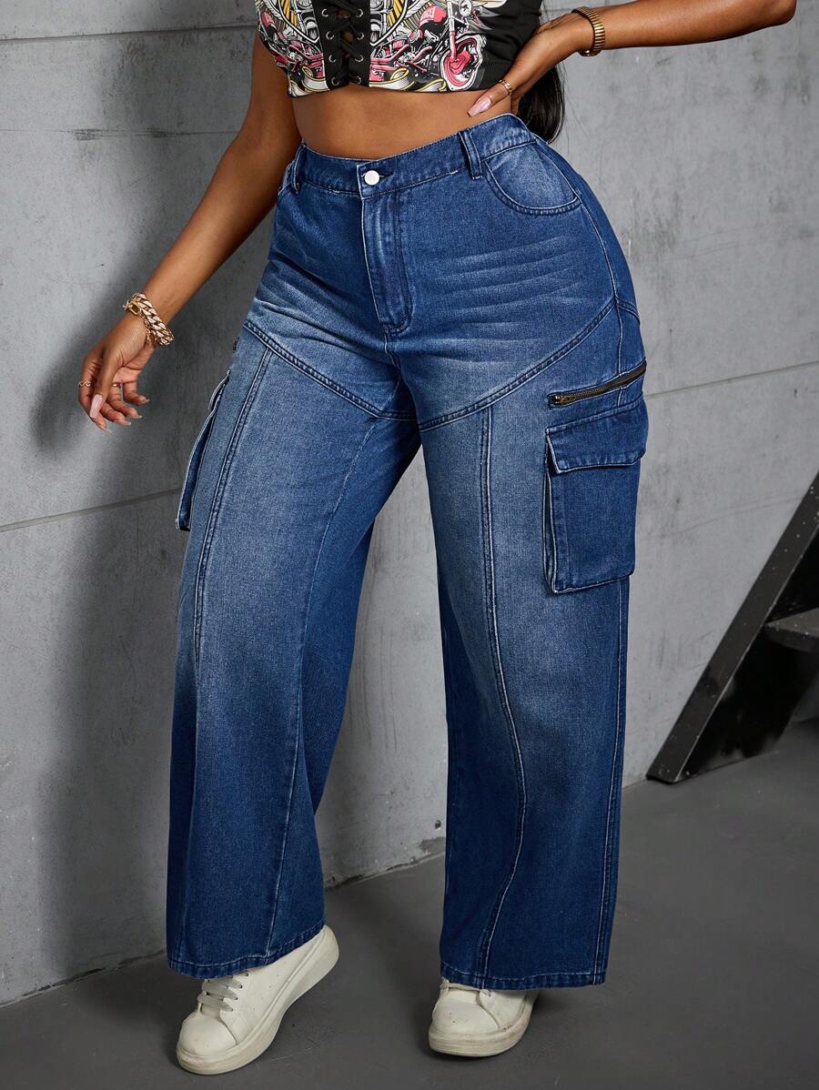 SHEIN SXY 大码前扣口袋简约设计休闲牛仔裤 - 藍色 - 查看 1