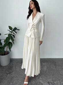 SHEIN Privé Women's New Elegant And Commuting Button Decorated Waist Slimming ,Long Sleevele Tops Suit Blazer With Button Tabs & Pleated High Waisted Skirt Two Pieces Set,Slim-Fit Suit,Casual Suit Jacket Set, Business Suit Jacket Set, Pleated Skirt Set,Wedding Set,Solid Color Two Pieces Set, Commuting Two Pieces Set, Teacher Two Pieces Set In Fall/Winter - Apricot - View 3