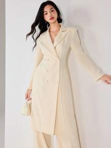 Heiryn Women's Plain Color Double-Breasted Blazer And Trousers Suit Set - Apricot - View 4