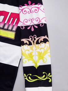 Manfinity EMRG Men's Young Streetwear And Collegiate Sports Style, Featuring A Long-Sleeve Polo Shirt With A High-Street Design In Black And White Stripes And Neon Pink And Yellow Contrasting Text Patterns. The Shirt Has A Button Placket And Is Adorned With A Badge Pattern On The Chest. This Piece Embodies Street Fashion And Y2K Aesthetics, Making It A Stylish Gift Idea For Boyfriends Or Husbands. NEW YORK - Multicolor - View 4