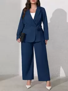 SHEIN Clasi 2 件套大码女式 3D 花卉长袖西装外套和裤子套装 - 藍色 - 查看 3