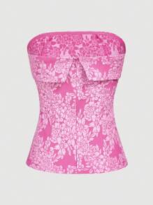 SHEIN Privé Women's Elegant Commuter Style Work Texture Fabric Flower Floral Mesh Corset, For Parties And Dates,Summer Top,Short Top,Pink Top,Vacation Outfits,Tube Top,Woman Summer Outfits,Texture Fabric,For Valentine's Day And Concert