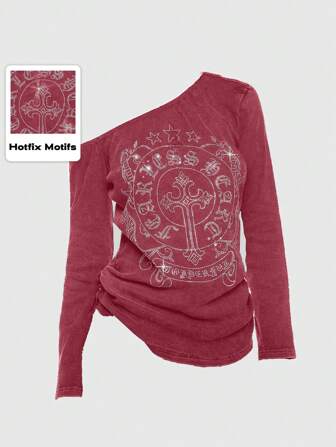 Grunge Punk Camiseta oversize con hombro asimétrico, adornada con cristales, cruz y vid vintage Y2K desgastada para mujer, ideal para conciertos, festivales y vacaciones de primavera