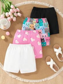 SHEIN 4pcs Young Girls Elastic Waist Cat & Heart Graphic Print Knitted Stretch Shorts, Comfortable And Fashionable Leggings Summer Holiday