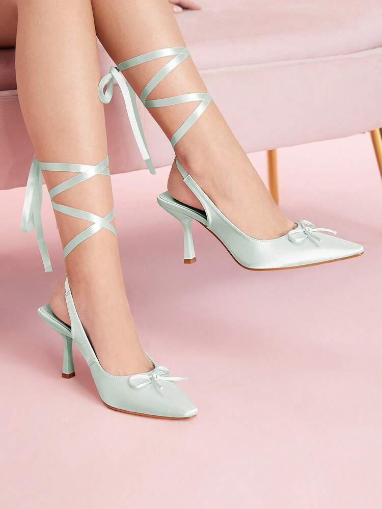 CUCCOO DOLLMOD Pointed Toe Satin Ribbon Strap Vintage Ballet Style Women High Heels, Casual Wear Outdoor Spring