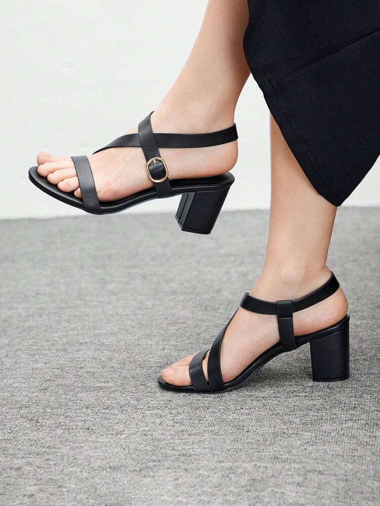 CUCCOO BIZCHIC Women's Simple Solid Color Strap Round Toe Chunky Heel Mid Heel Casual/Work Pumps, Black High Heel Sandals For Daily, Spring/Summer Spring Break Easter