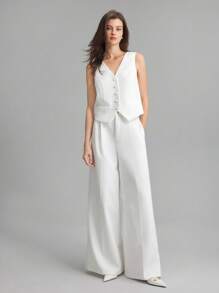 Ontre Simple White One-Row Button Vest & Trousers Casual Business Suit Set For Commuting - White - View 1