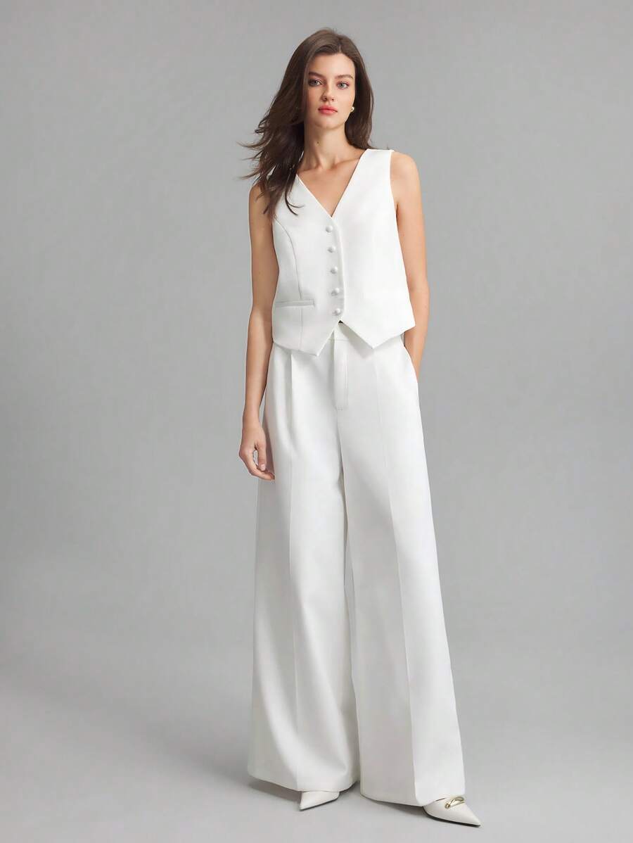Ontre Simple White One-Row Button Vest & Trousers Casual Business Suit Set For Commuting - White - View 1