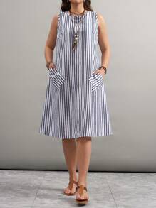 SHEIN LUNE Plus Size Summer Casual Striped Sleeveless Dress - Blue and White - View 5