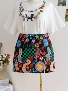 Soleia Plus Size Women Summer Satin Printed Front Slit Straight Fit Bodycon Skirt With Colorful Whimsical Sun Print, Vacation Style Christmas Clothes