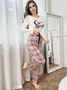CoupledUp 情人节情侣心形与皇冠格子撞色女式睡衣套装 - 彩色 - 查看 4