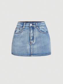 SHEIN MOD 女士蝴蝶结装饰贴袋短款牛仔半身裙 - 藍色 - 查看 2