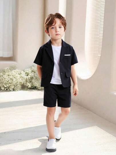 Young Boy 2025 新款绅士套装，时尚休闲迷你西装外套和短裤，纯色设计，优雅简约，适合日常穿着和家庭聚会，展现低调的奢华