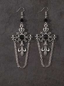 ROMWE Goth 2 piezas Pendientes con cadena de cruz gótica, Halloween - Plateado - Ver 4