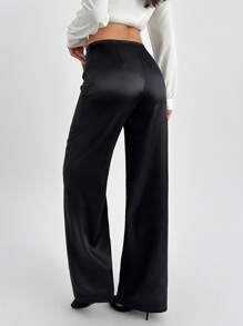 SHEIN Tall Women Solid Color Satin Low Waist Wide Leg Pants - Black - View 2