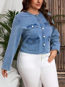 SHEIN LUNE Chaqueta vaquera casual de talla grande con botones al frente, manga larga y bolsillos