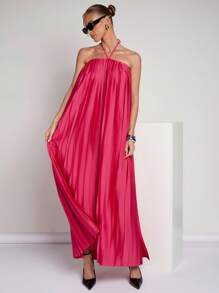 COSMINA Robe simple décontractée pour femme, couleur unie, dos nu, avec attache à la nuque - Rose vif - Voir 1