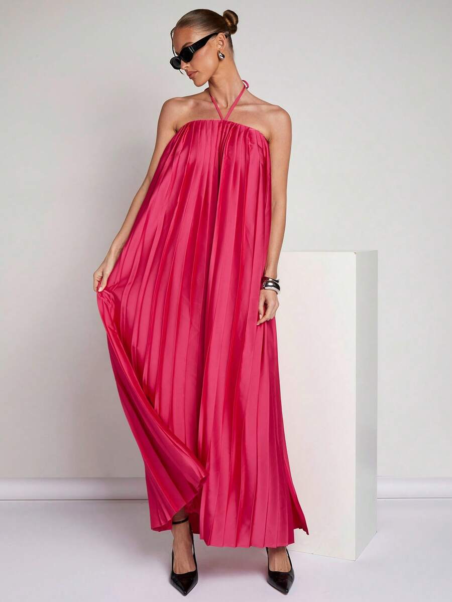 COSMINA Robe simple décontractée pour femme, couleur unie, dos nu, avec attache à la nuque - Rose vif - Voir 1